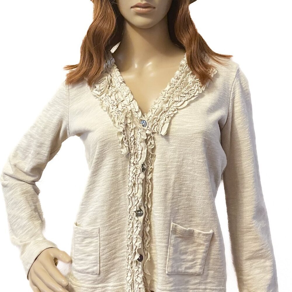 Eddie Bauer Cream V-Neck Button-Down Cardigan Rose Trim Rosette Pockets Size S